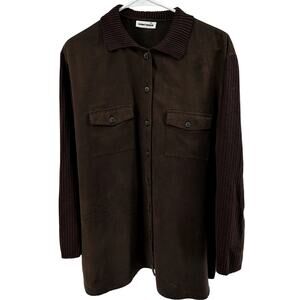 Gerry Weber Wool Shirt Jacket Button Down Faux Leather Pockets Rib Brown 42 L